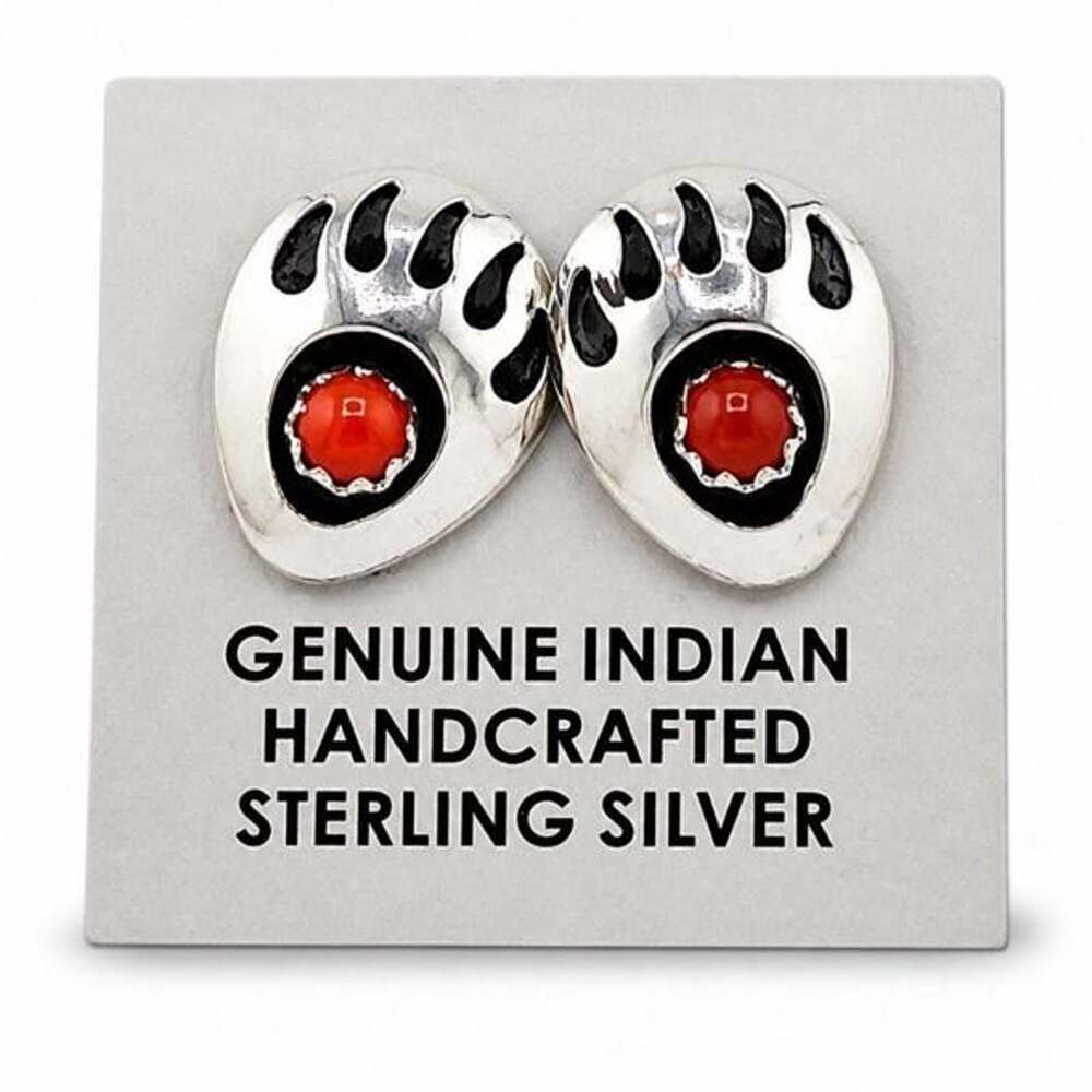 Native Handcrafted Sterling Silver Coral Bear Paw Stud Earrings